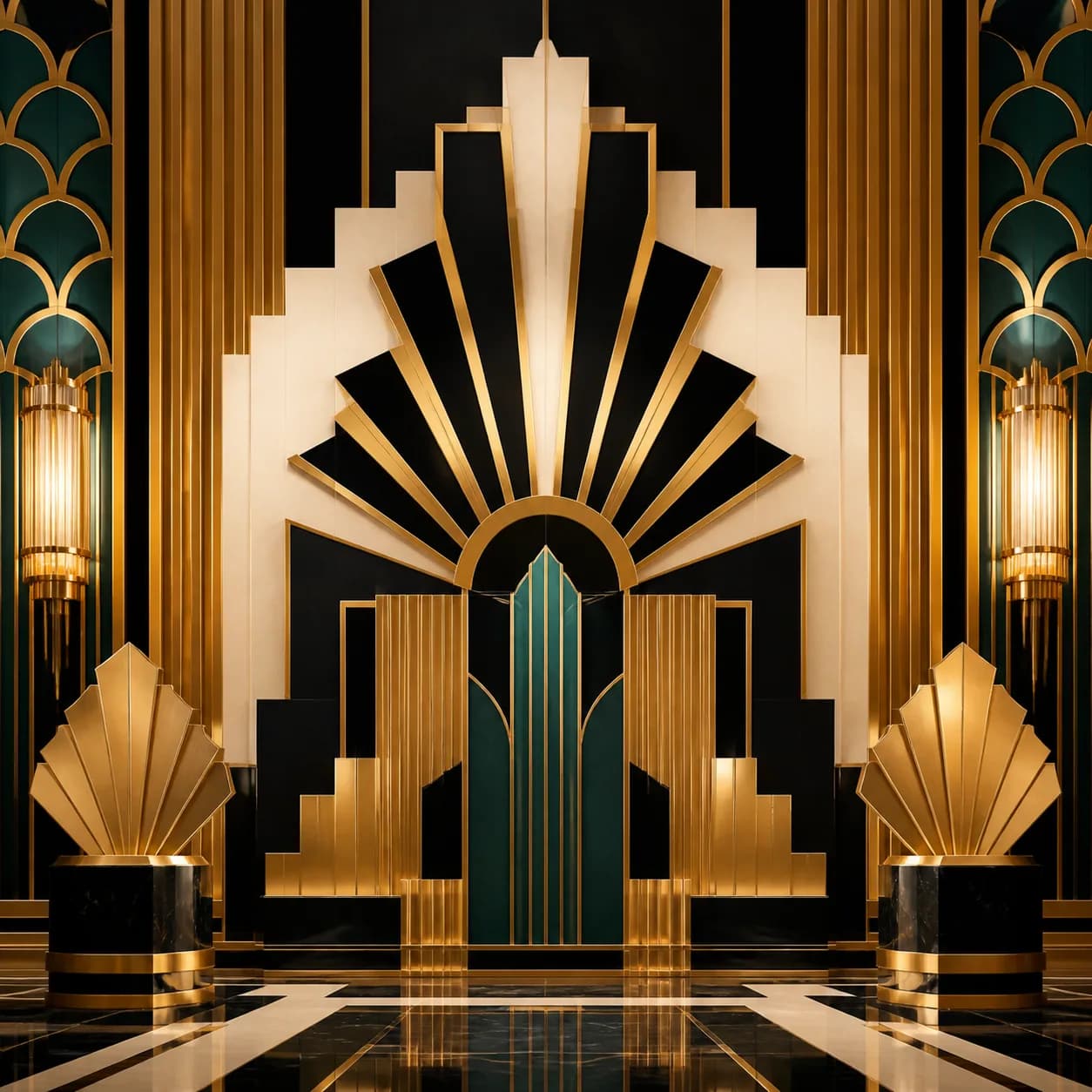 Art deco example with symmetrical gold-and-black geometric interior details.