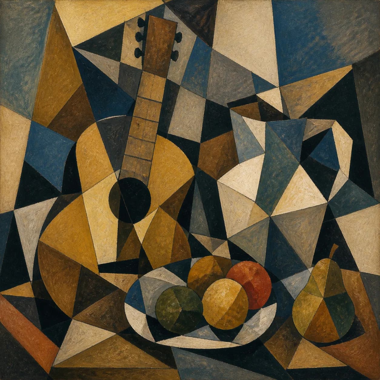 Cubism example with fragmented geometric planes and muted still-life forms.