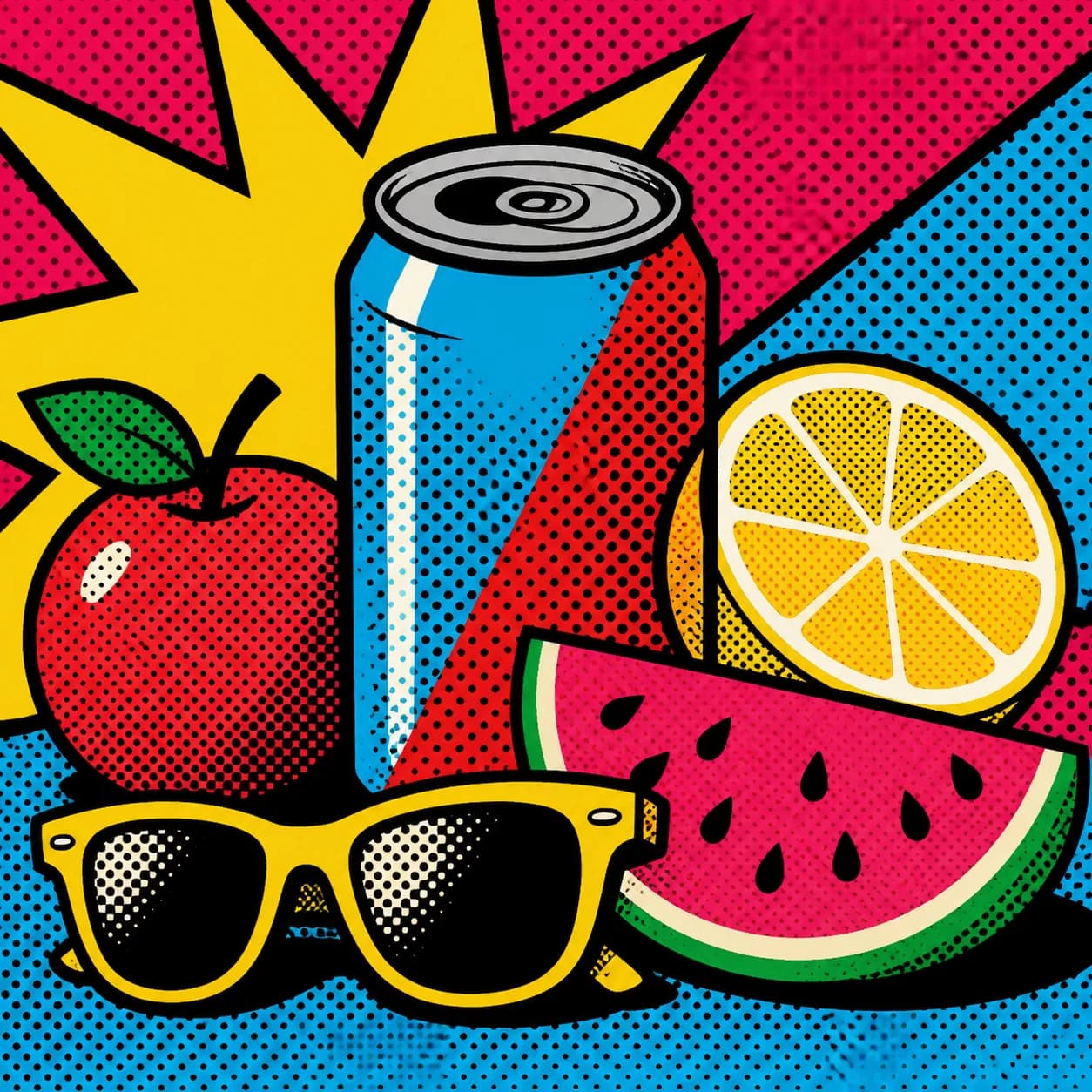 Pop art example with vivid fruit, sunglasses, halftone dots, and bold graphic color.