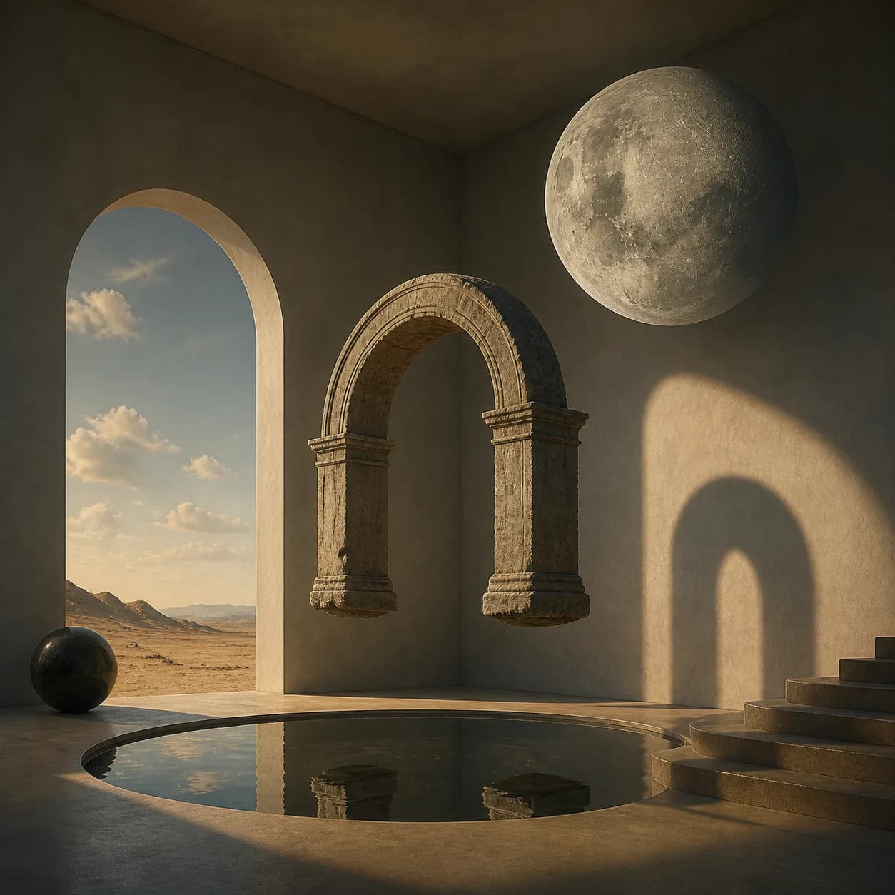 Surrealism example with moonlit arches, impossible shadows, and a dreamlike pool.