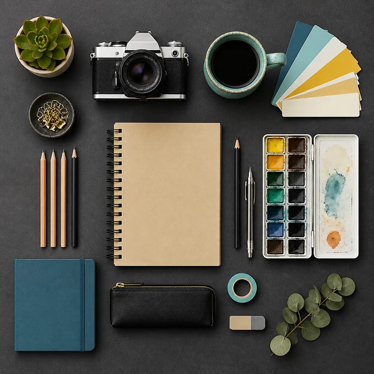 Flat lay photography example of creative tools arranged on a tabletop.
