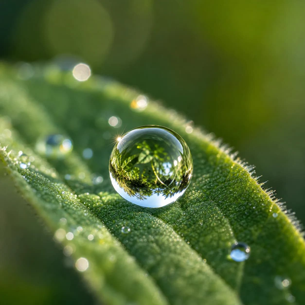 Macro photography example of a water droplet on a green leaf.